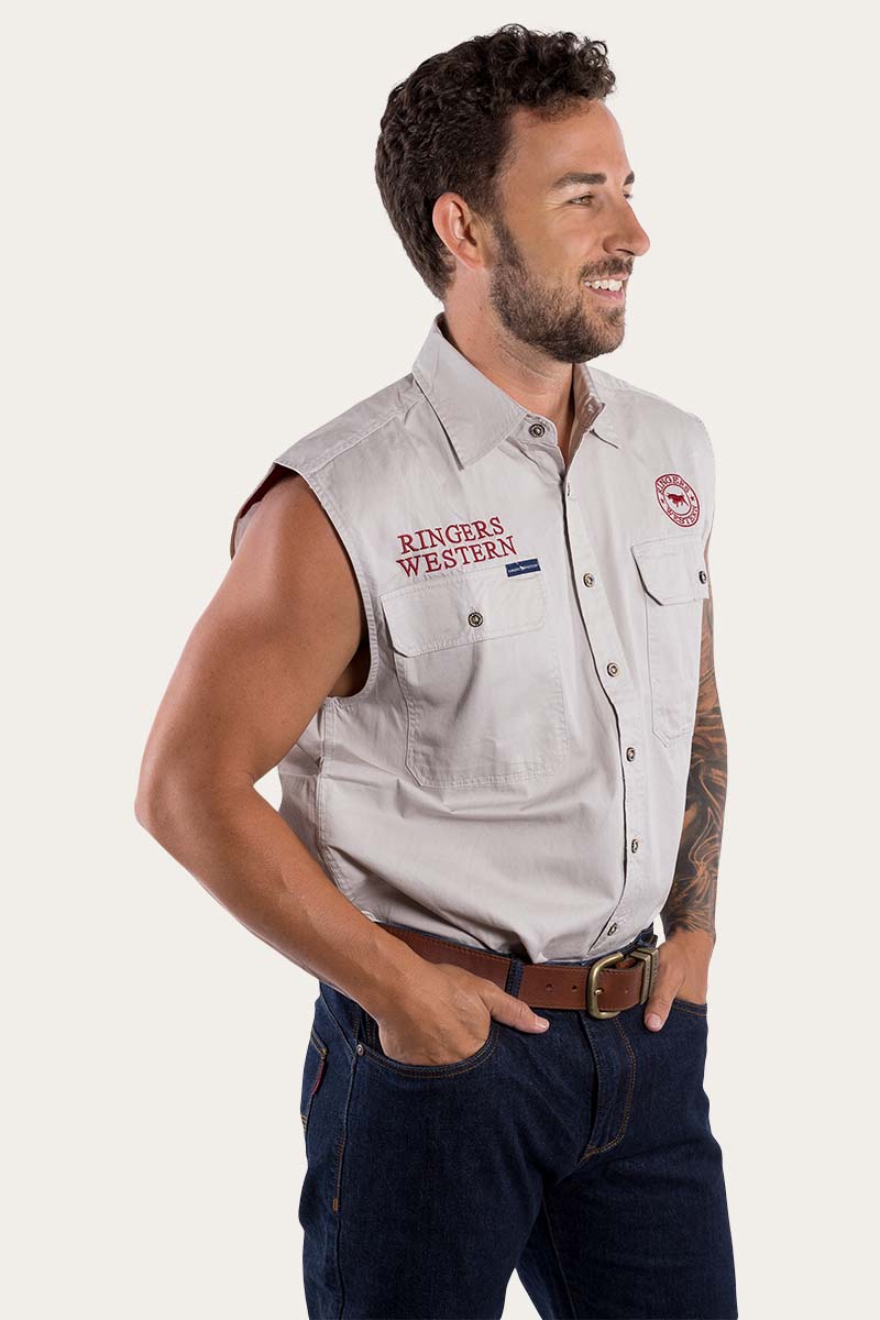 Hawkeye Mens Sleeveless Work Shirt - Beige/Dark Red