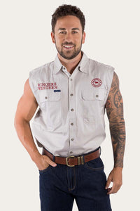 Hawkeye Mens Sleeveless Work Shirt - Beige/Dark Red