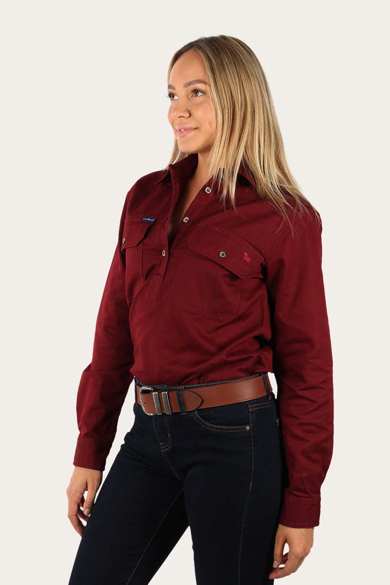 Australian Made Coburn Womens Heavy Weight Half Button Work Shirt - Burgundy