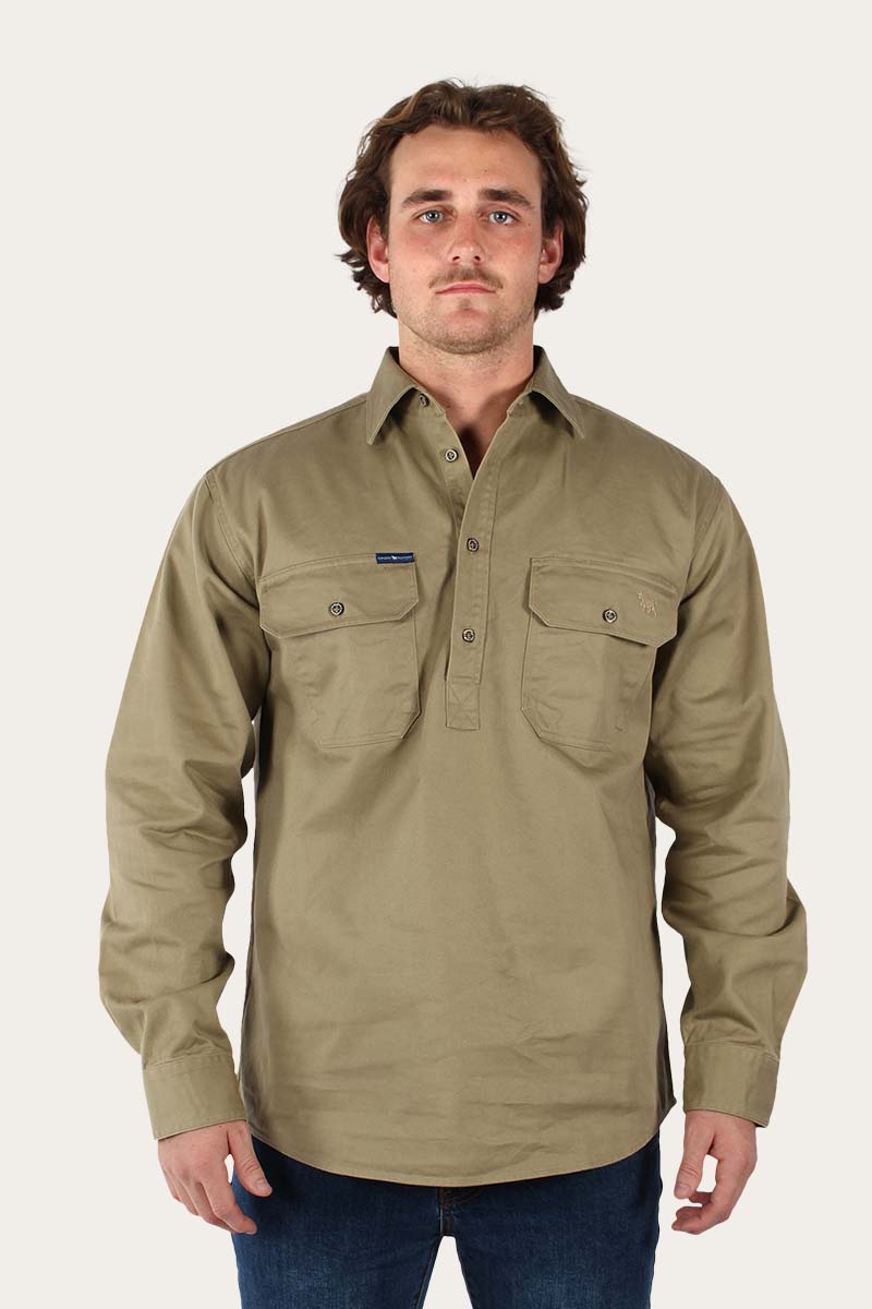 Australian Made Heavy Weight Coburn Mens Half Button Work Shirt - Khaki