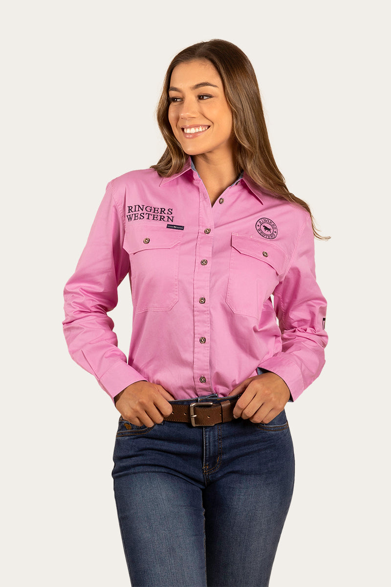 Signature Jillaroo Womens Full Button Work Shirt - Pastel Pink/Navy