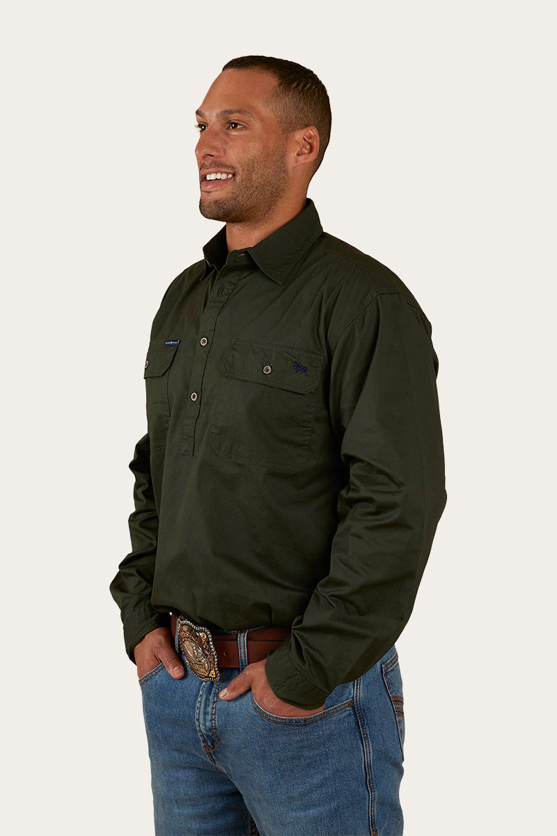 King River Mens Half Button Work Shirt - Cargo Khaki