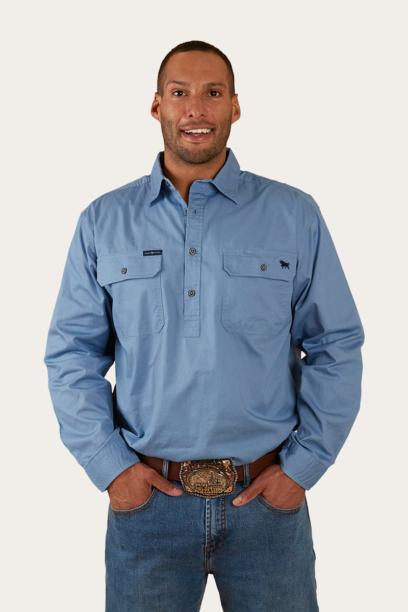 King River Half Button Work Shirt - Denim Blue