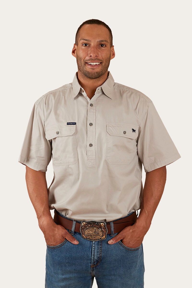 Pack Saddle Mens Short Sleeve Half Button Work Shirt - Beige