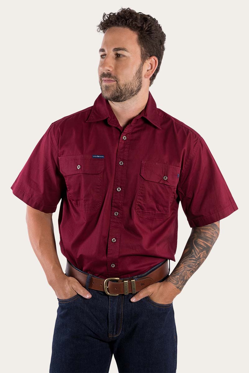 Lake Argyle Mens Short Sleeve Full Button Work Shirt Burgundy