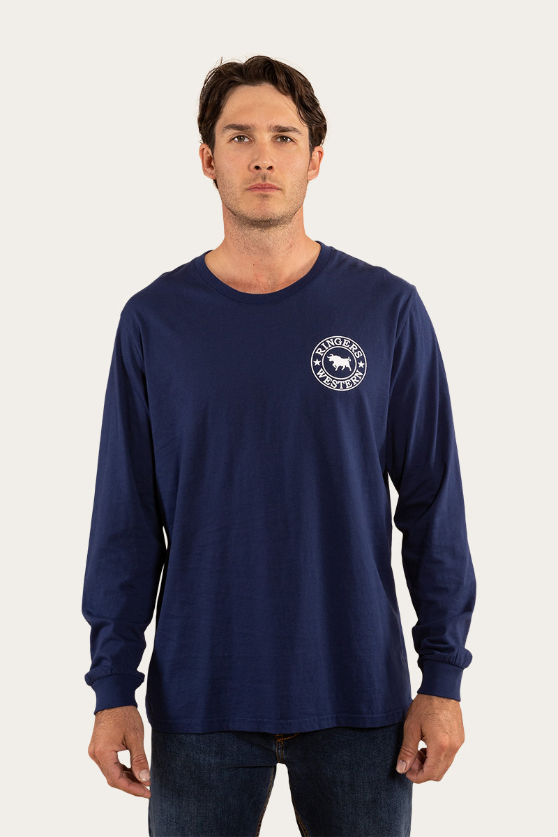 Signature Bull Mens Loose Fit Long Sleeve TShirt Navy/White