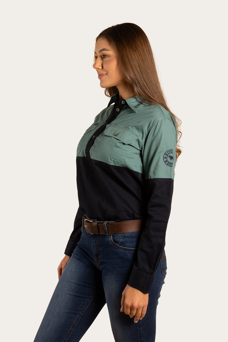 Delta Womens Half Button Work Shirt - Ink/Sea Green