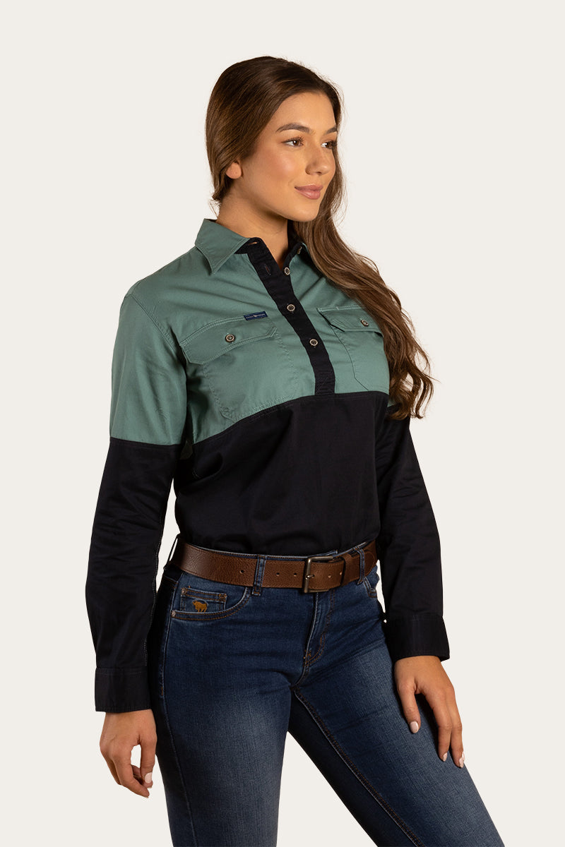 Delta Womens Half Button Work Shirt - Ink/Sea Green