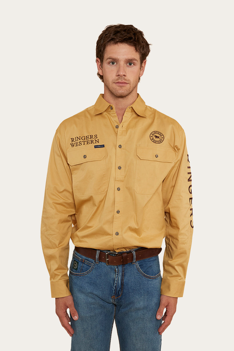 Hawkeye Mens Full Button Work Shirt - Vintage Gold/Chocolate