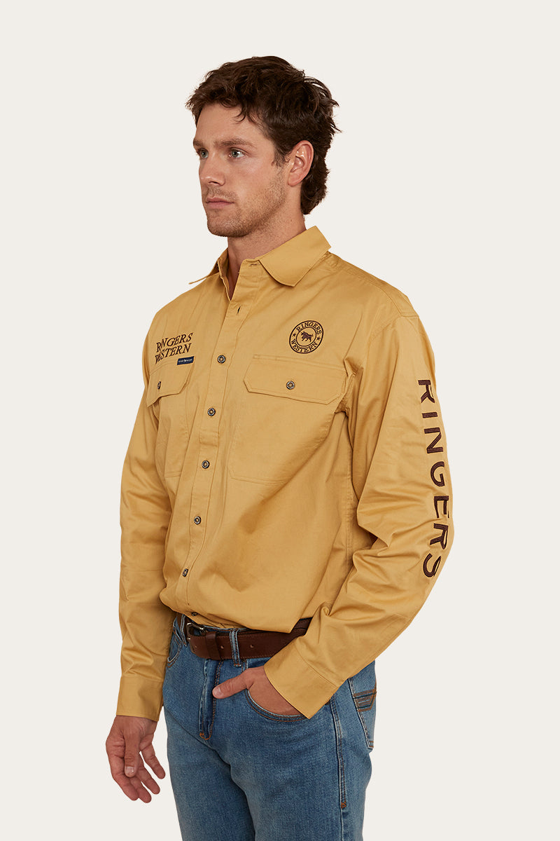 Hawkeye Mens Full Button Work Shirt - Vintage Gold/Chocolate