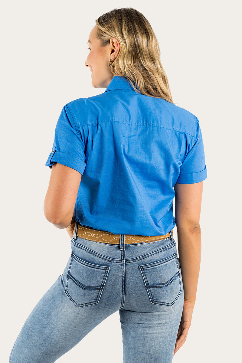 Jules Womens Full Button Short Sleeve Work Shirt - Blue