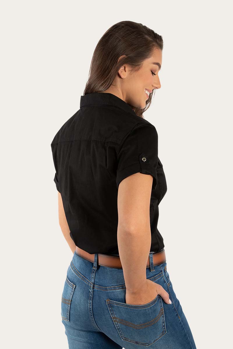 Jules Womens Half Button Short Sleeve Work Shirt - Black/Melon
