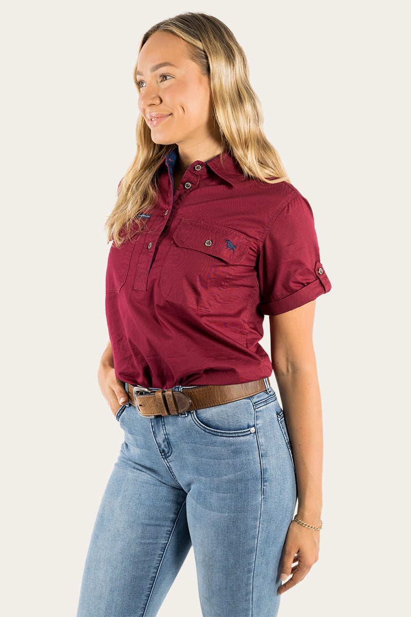 Jules Womens Half Button Short Sleeve Work Shirt - Burgundy