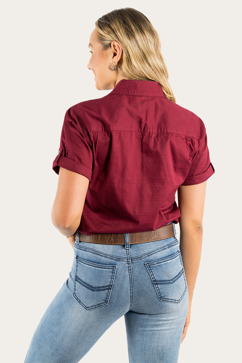 Jules Womens Half Button Short Sleeve Work Shirt - Burgundy