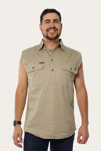 Rob Roy Mens Sleeveless Half Button Work Shirt - Camel