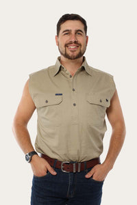 Rob Roy Mens Sleeveless Half Button Work Shirt - Camel