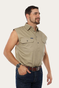 Rob Roy Mens Sleeveless Half Button Work Shirt - Camel