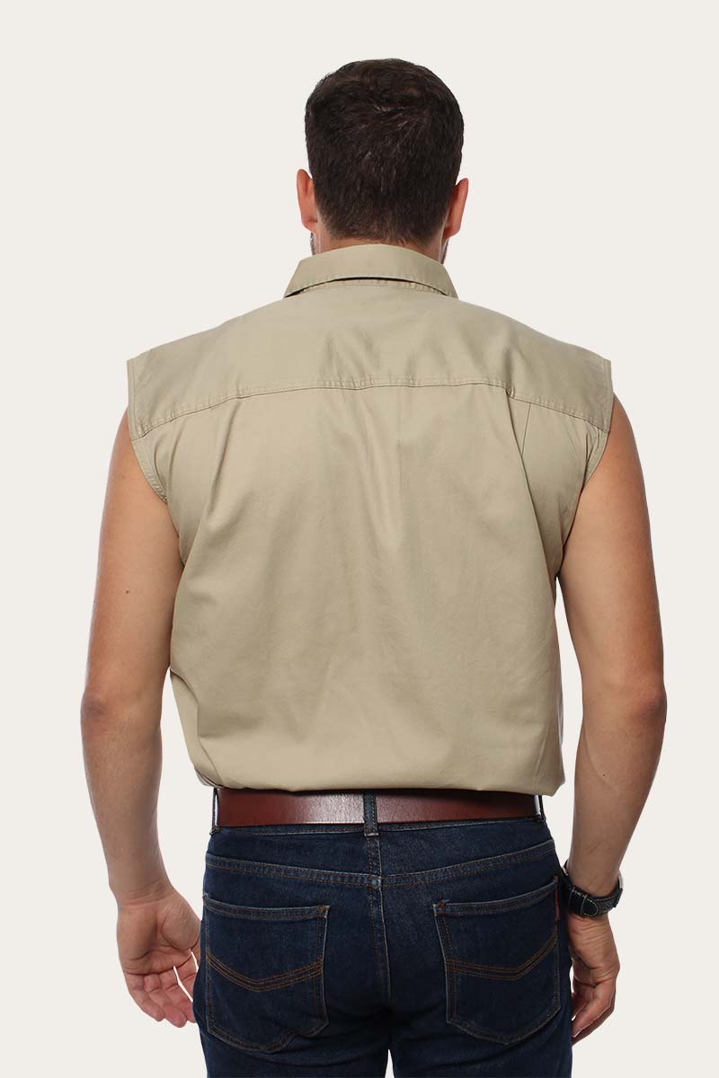 Rob Roy Mens Sleeveless Half Button Work Shirt - Camel
