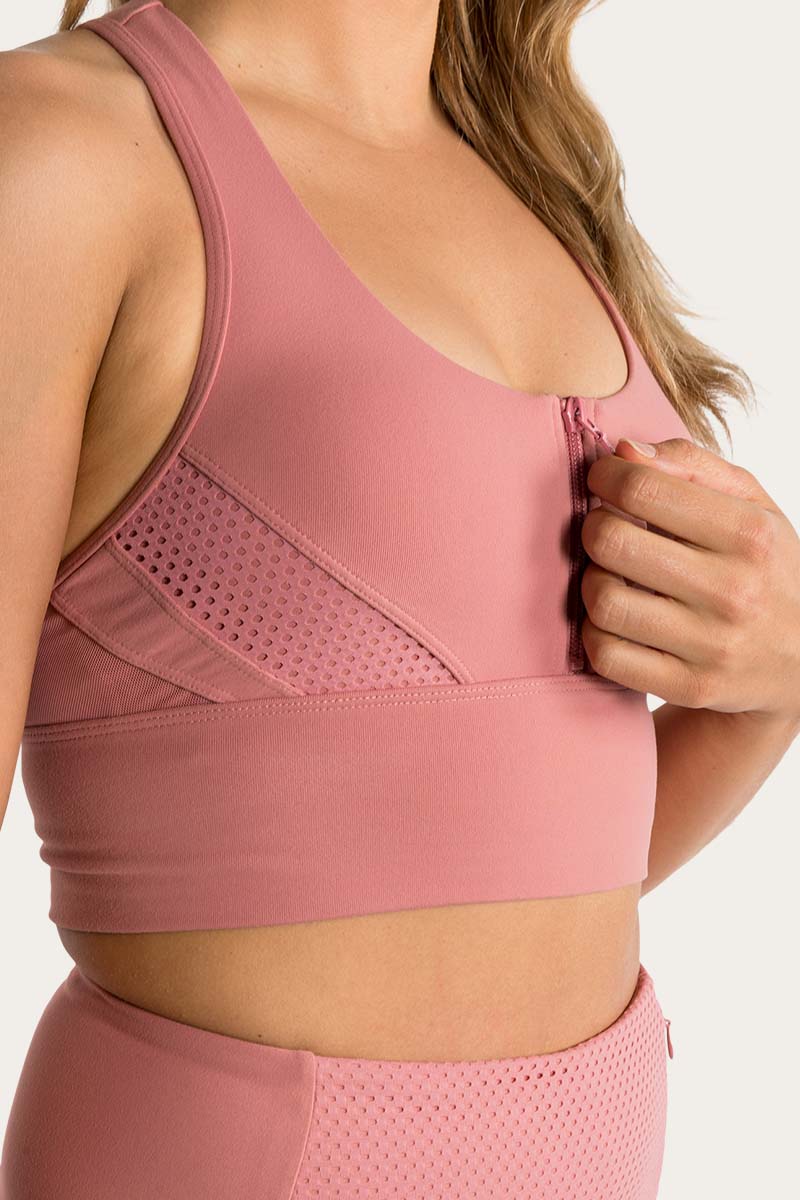 Riley Womens Long Length Zip Front Sports Bra Dusty Rose Ringers Western