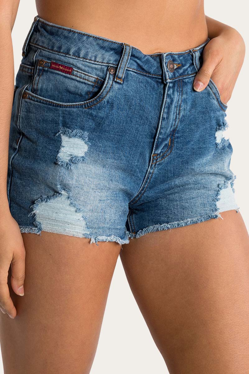 Jessie Womens Mid Rise Ripped Denim Short True Blue – Ringers