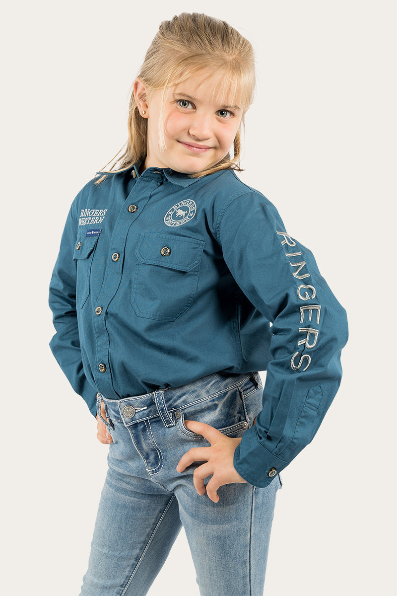 Jackaroo Kids Full Button Work Shirt - Petrol Blue/Ultimate Grey