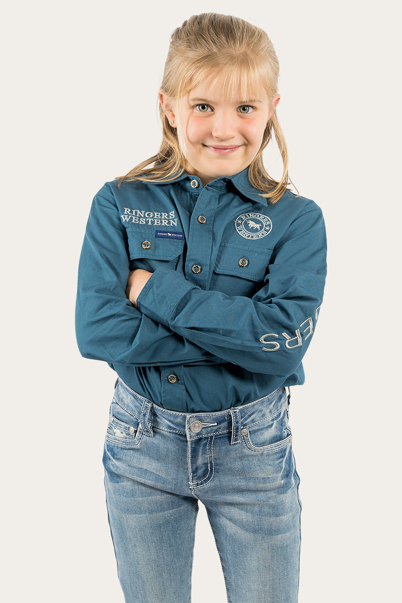 Jackaroo Kids Full Button Work Shirt - Petrol Blue/Ultimate Grey