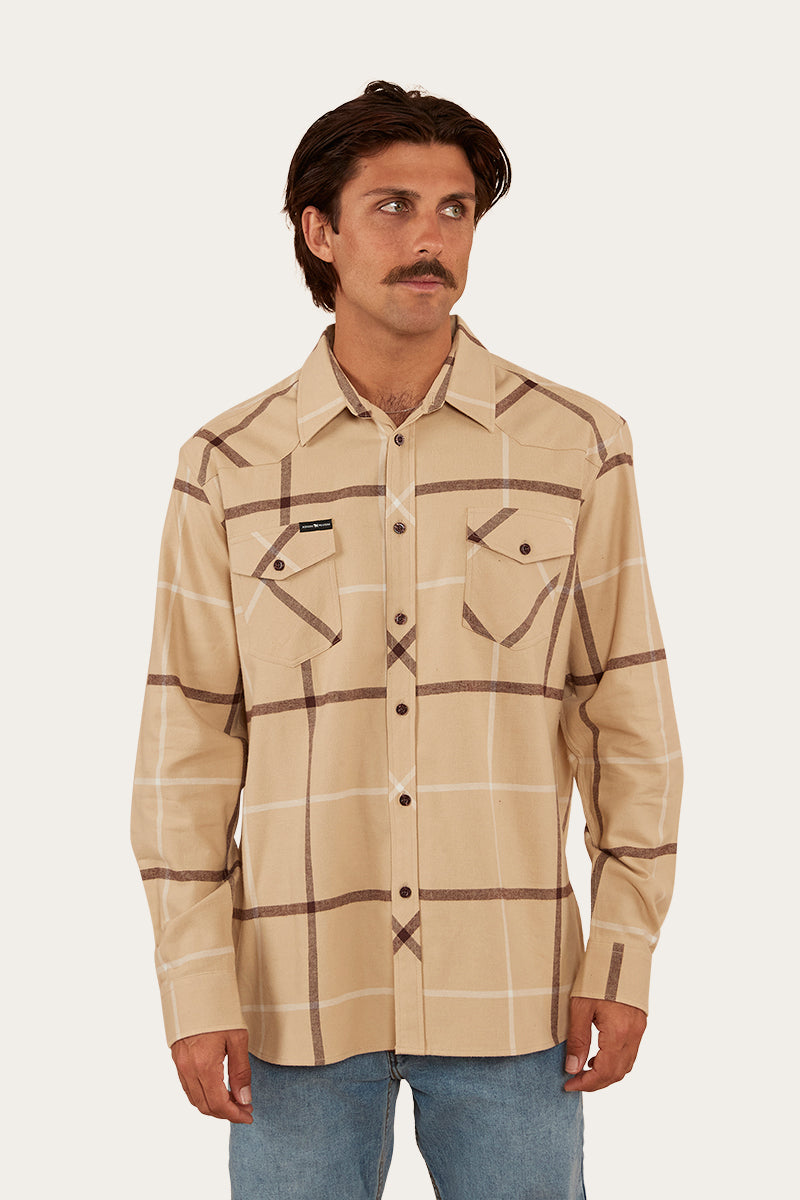 Cooma Mens Flanno Semi Fitted Shirt - Dark Sand/Chocolate