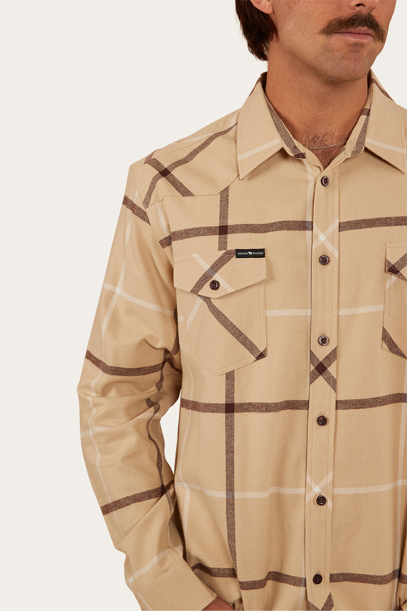 Cooma Mens Flanno Semi Fitted Shirt - Dark Sand/Chocolate
