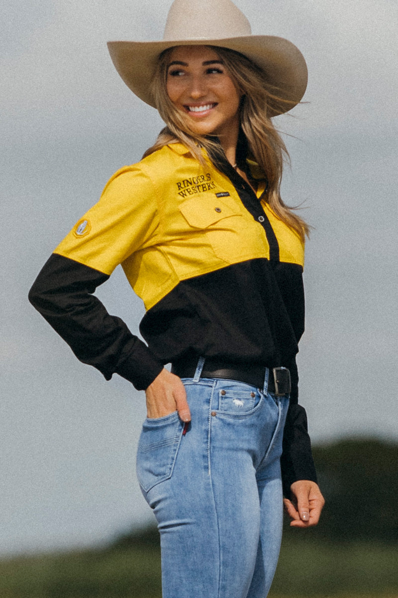 Bundy Womens Split Half Button Work Shirt - Yellow/Black