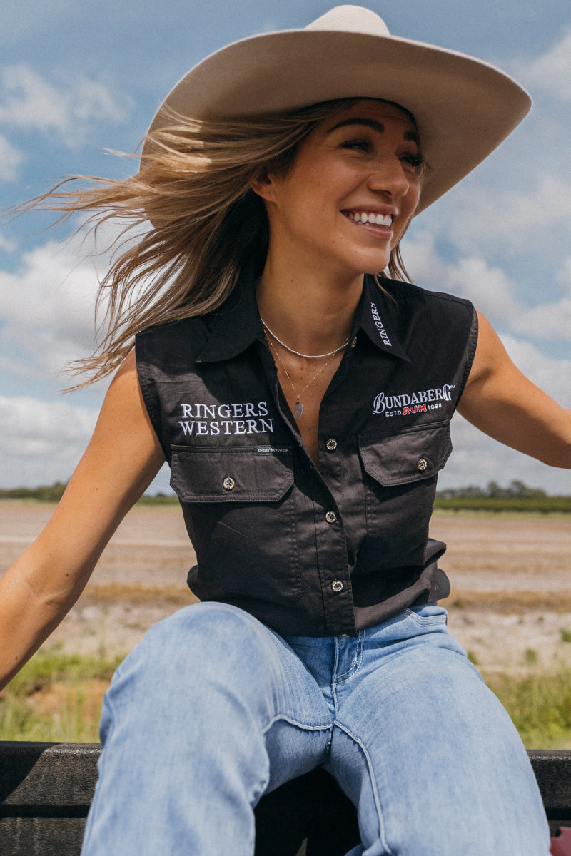 Bundy Womens Sleeveless Full Button Work Shirt - Black