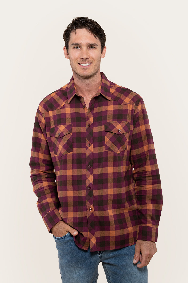 Cooma Mens Flanno Semi Fitted Shirt - Deep Maroon