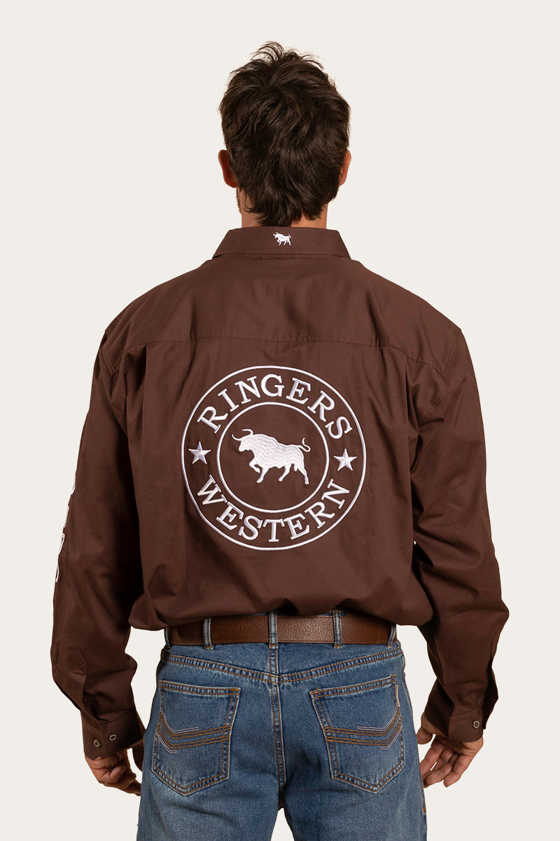 Hawkeye Mens Full Button Work Shirt - Chocolate/White