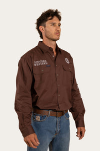 Hawkeye Mens Full Button Work Shirt - Chocolate/White