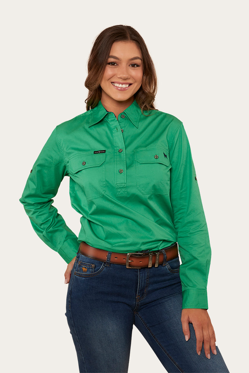 Pentecost River Womens Half Button Work Shirt - Kelly Green/Navy