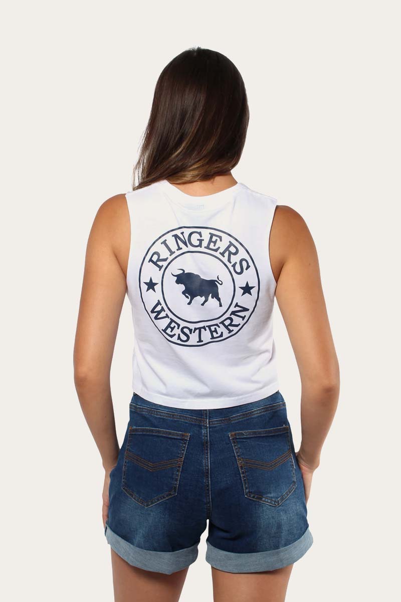 Signature Bull Womens Crop Muscle Tank - White with Midnight Blue print
