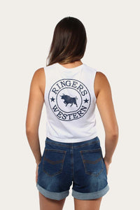 Signature Bull Womens Crop Muscle Tank - White with Midnight Blue print