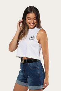 Signature Bull Womens Crop Muscle Tank - White with Midnight Blue print