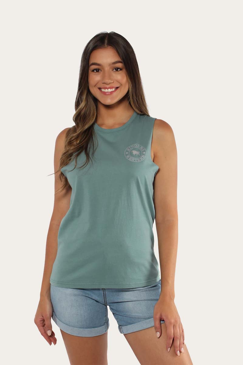 Signature Bull Womens MUSCLE TANK - Sea Green with Silver Print