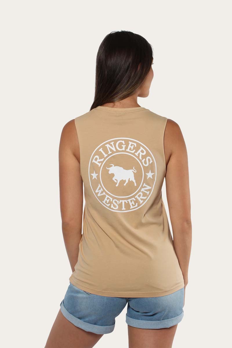Signature Bull Womens MUSCLE TANK - Latte with White Print